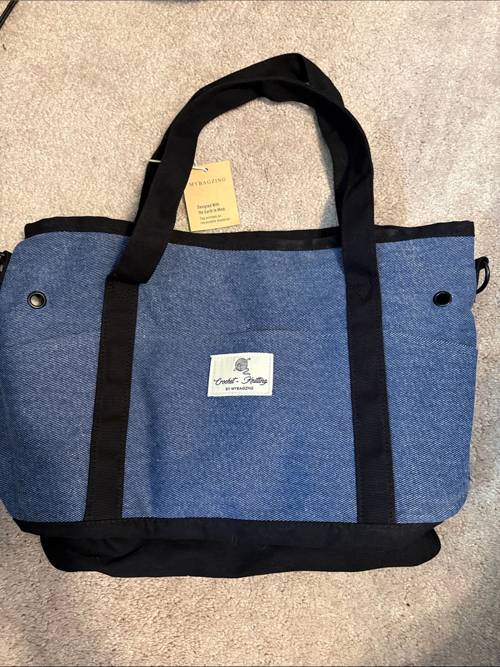 Canvas Tote Bag in Blue and Black - for crafts, yarn, crochet/knitting needles